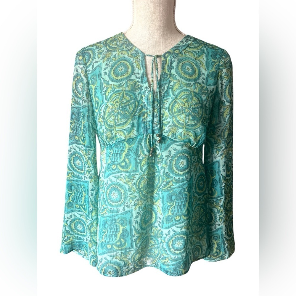 LOFT Aqua and Gold Patterned Blouse
